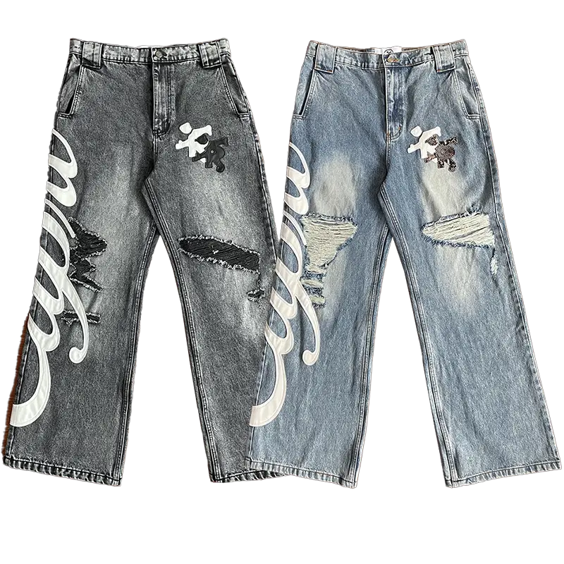 Project Capri Capri Leather Jeans Personalized Ripped Embroidered High Street Casual Jeans