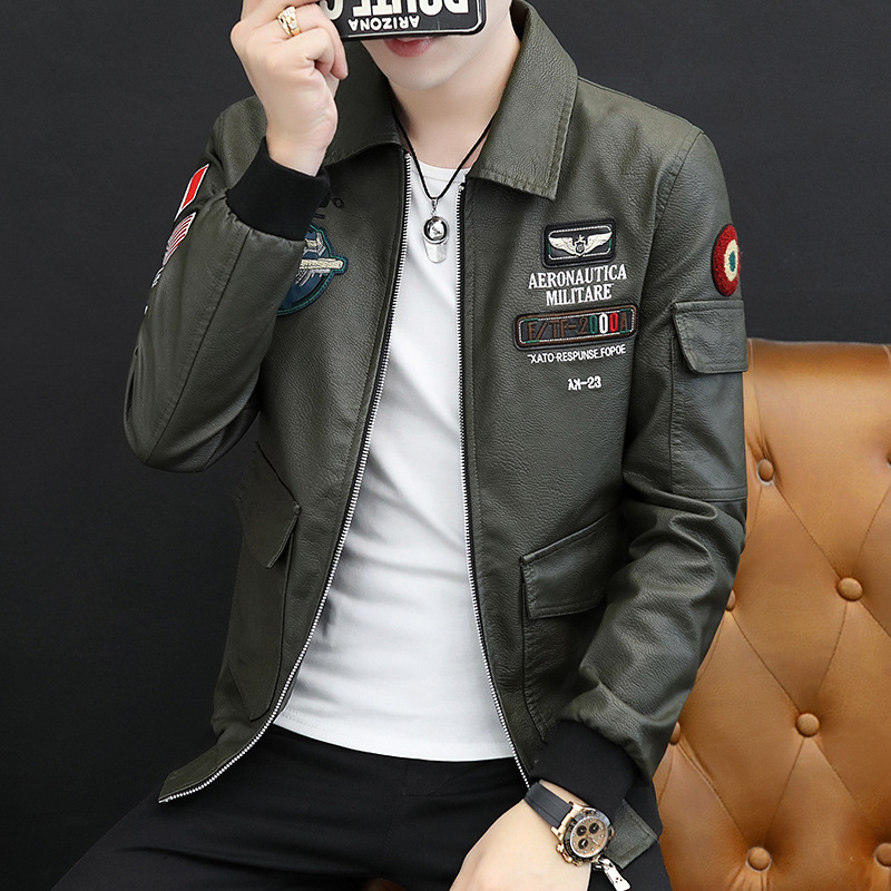 New AliExpress Amazon Spring and Autumn Thin Men's Baseball Collar Embroidered pu Leather Jacket Washed Motorcycle Leather Jacket