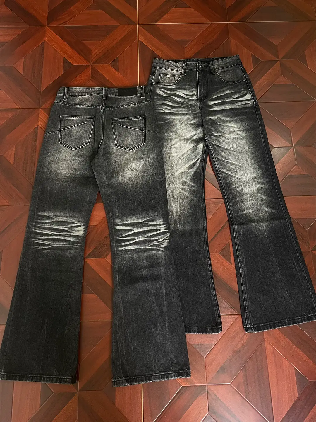 Nietpxfo Distressed Vintage Washed Whiskered Combat Black Denim Loose Straight A-Line Jeans