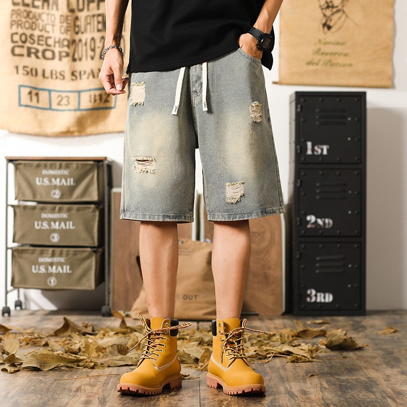 Y725 | Plus Size Men's Summer New Yellow Mud High Street Ripped Denim Shorts Men's Loose Trendy Brand Mid-Length Pants