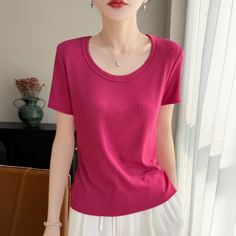 Spring and Summer New Style U-Neck Knitwear Short-Sleeved Women's Solid Color Slim-Fitting Pullover Bottoming Shirt Top T-Shirt