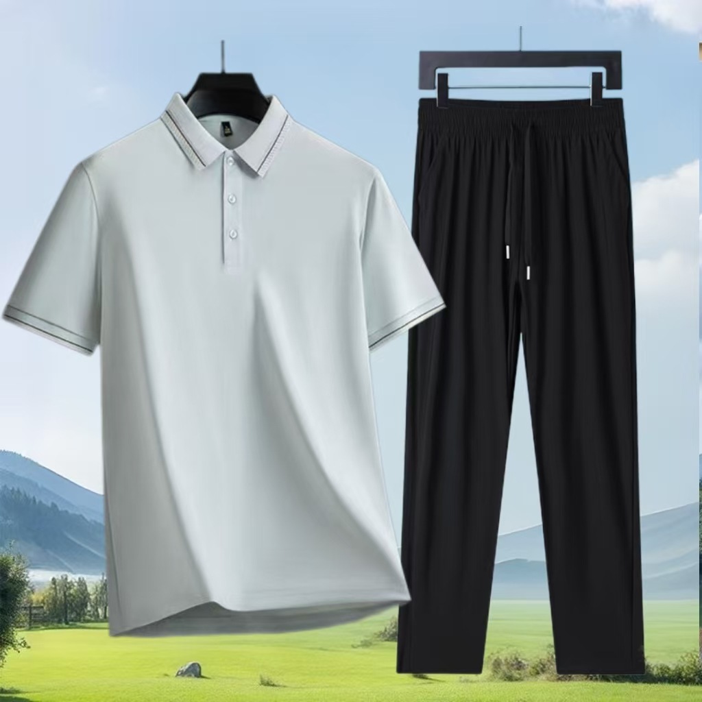 Summer Ice Silk Traceless Men's suit Middle-aged Dad Polo Shirt Two-piece Set Men's Short-sleeved T-shirt Pants Two-piece Set