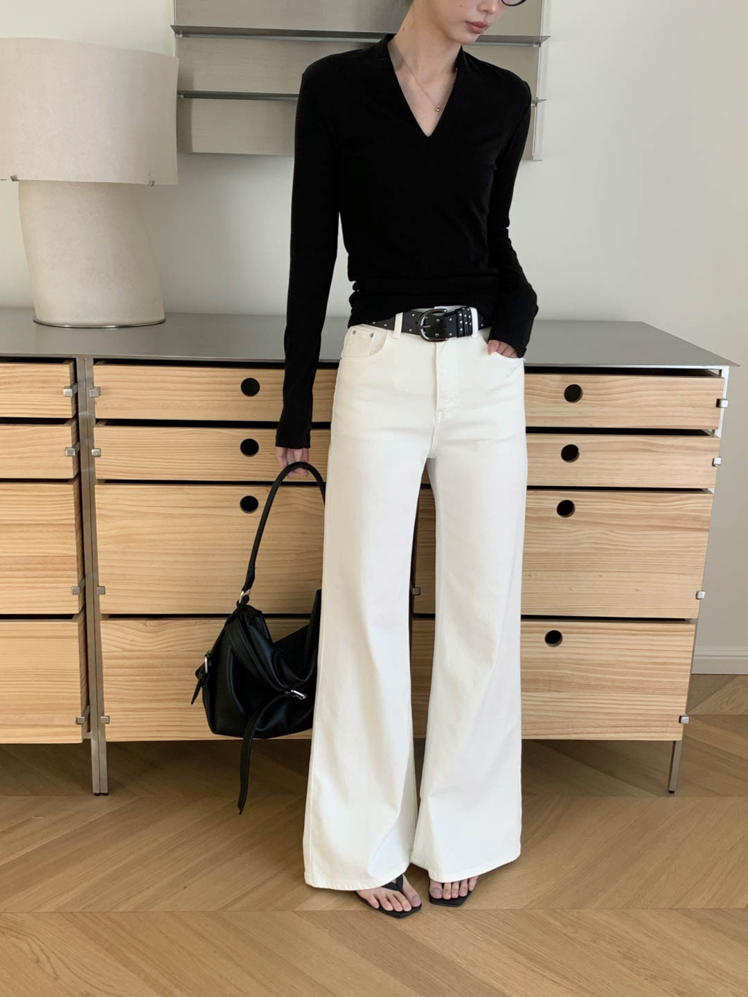 Gagd White Cow Mid-Waist Flared Jeans for Women 26 Early Spring Slim Fit Flared Jeans + Belt