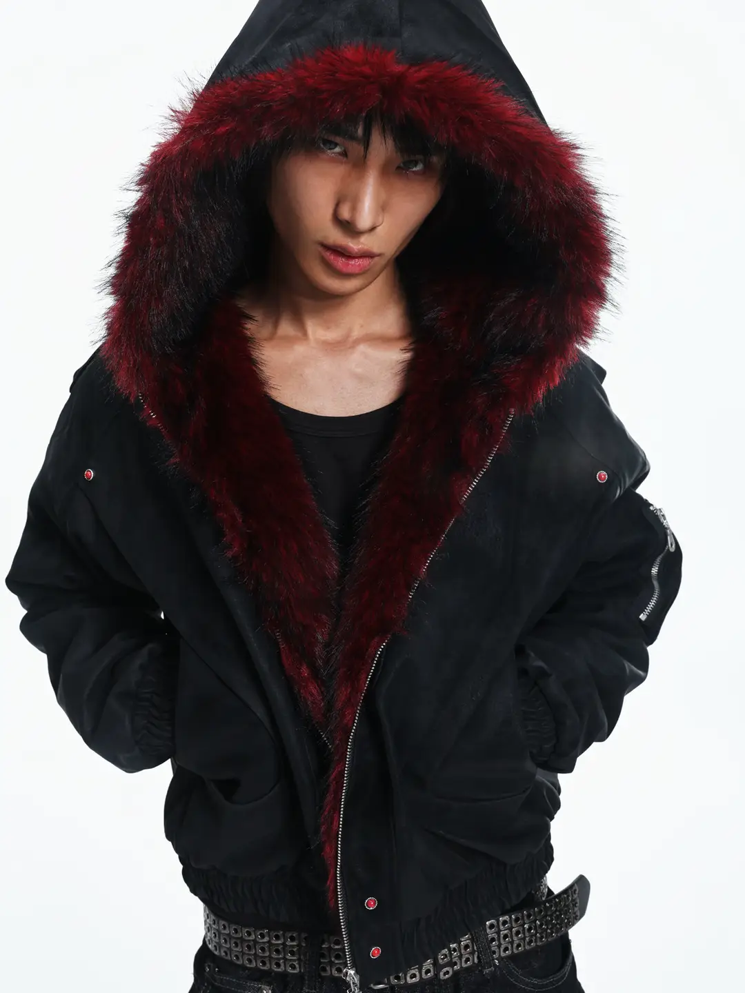 Lightinus* Black and Red Gradient Fur Collar Hooded Jacket with Red Turquoise Gemstone Studded Structure and Tailored Cotton Padding
