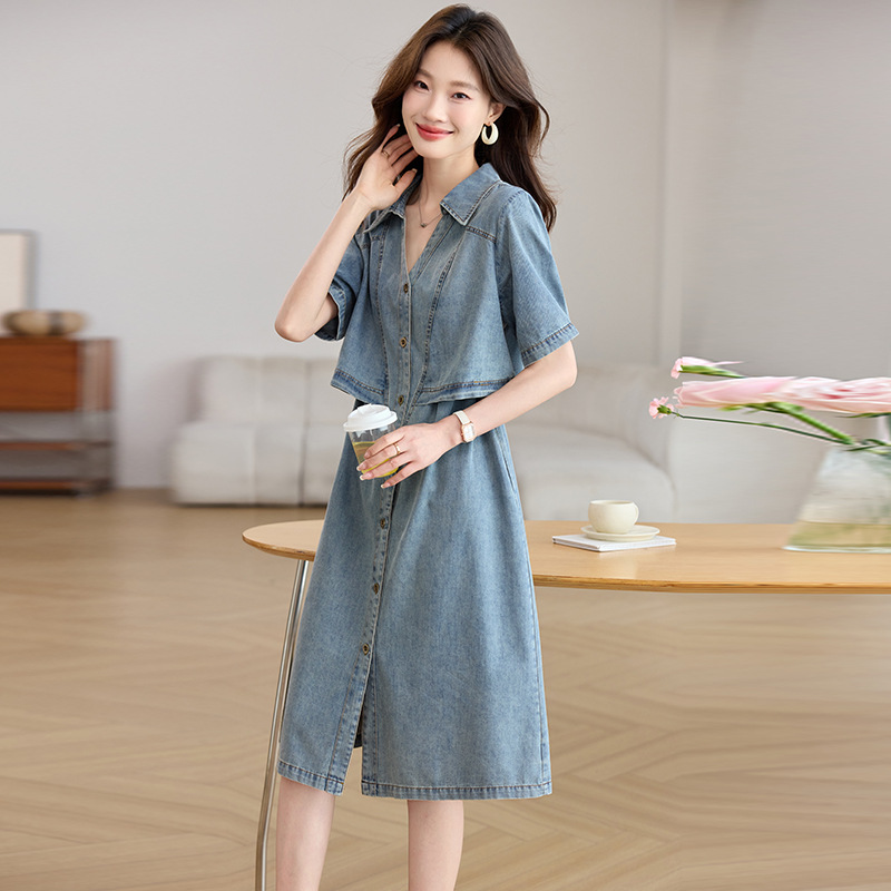 2025 New Summer Women's Fashion Lapel Fake Two-Piece Slim Mid-Length Skirt Elegant Denim Dress for Women
