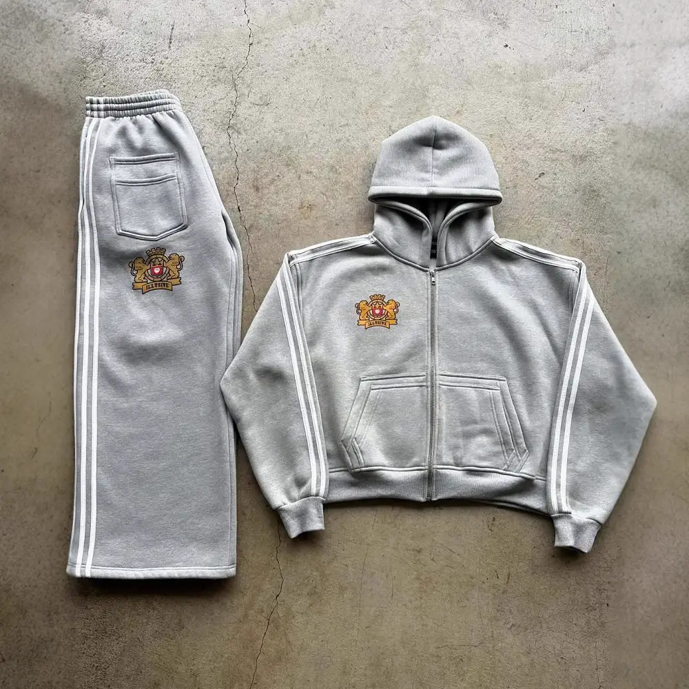 2025 American retro three bar zipper cardigan jacket hooded sweatshirt casual campus style male