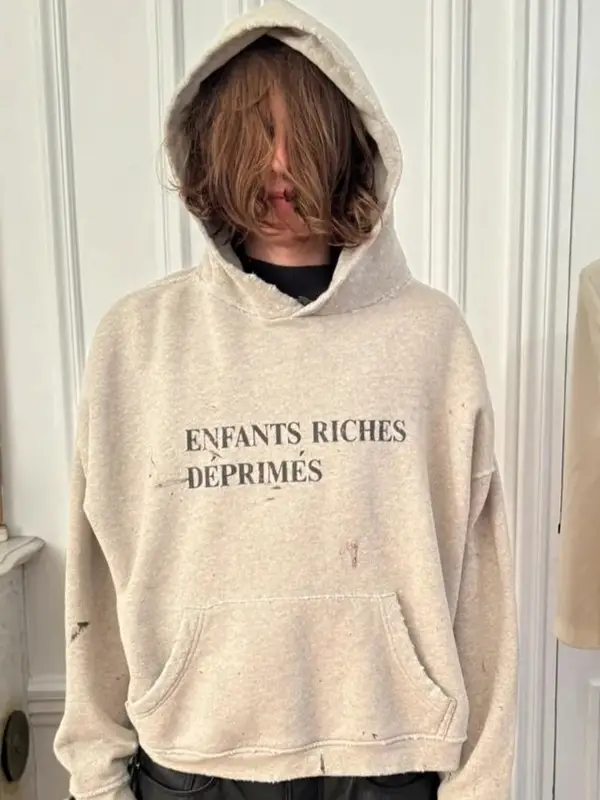 Erd Melancholy Rich Second Generation Classic Slogan Logo Graffiti Spray Dirty Frayed Hooded Sweatshirt Hoodie Men and Women Trendy