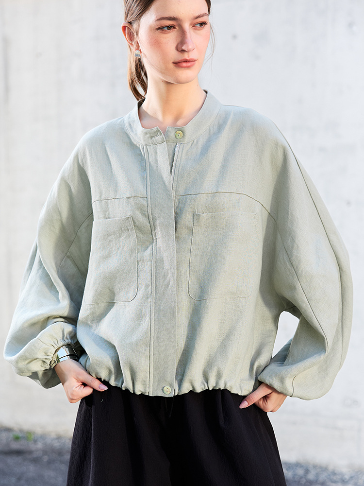 High-End Pure Linen Short Jacket, Loose Casual Women's Spring Simple Stand-Collar Jacket, Oversized Old Money Style Linen Cardigan
