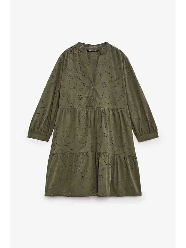 Zatrax-2024 summer new women's hollow embroidery long sleeve V-neck skirt layered stitching mini dress
