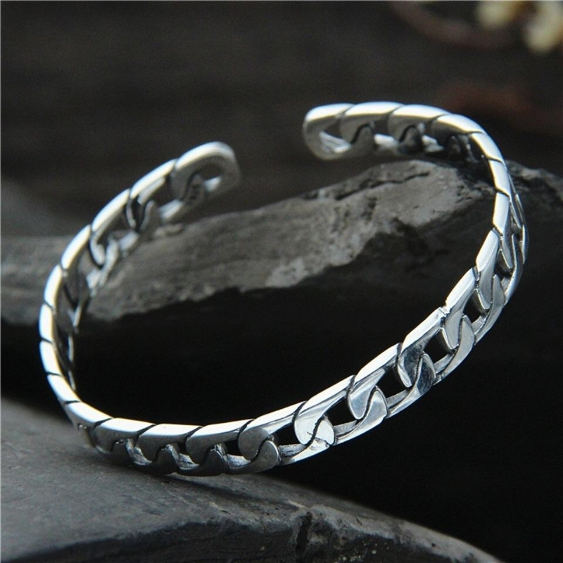 Vintage Twist Bracelet Women's White Copper Silver Plated Chain Open Bracelet Fashionable Simple Men's Flat Verban Chain Bracelet