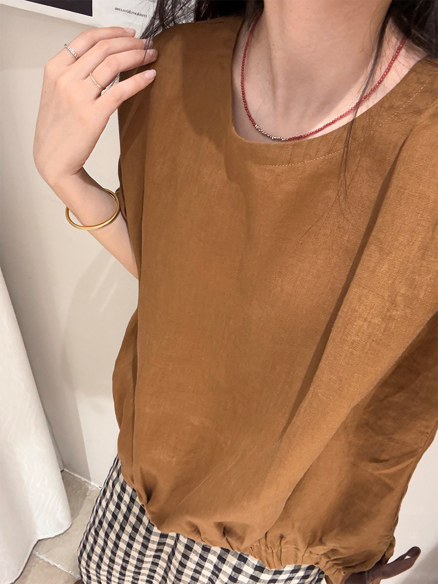 Plus Summer Linen Shirt Raglan Sleeves Ribbon Short-Sleeved Design Short Front and Long Back Shirt