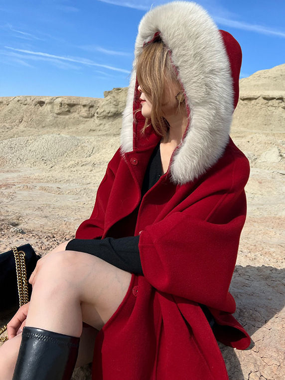Cape Coat Coat Women's Double-sided Cashmere Coat Autumn and Winter High-grade Fox Wool Collar 100% Wool Coat Hooded