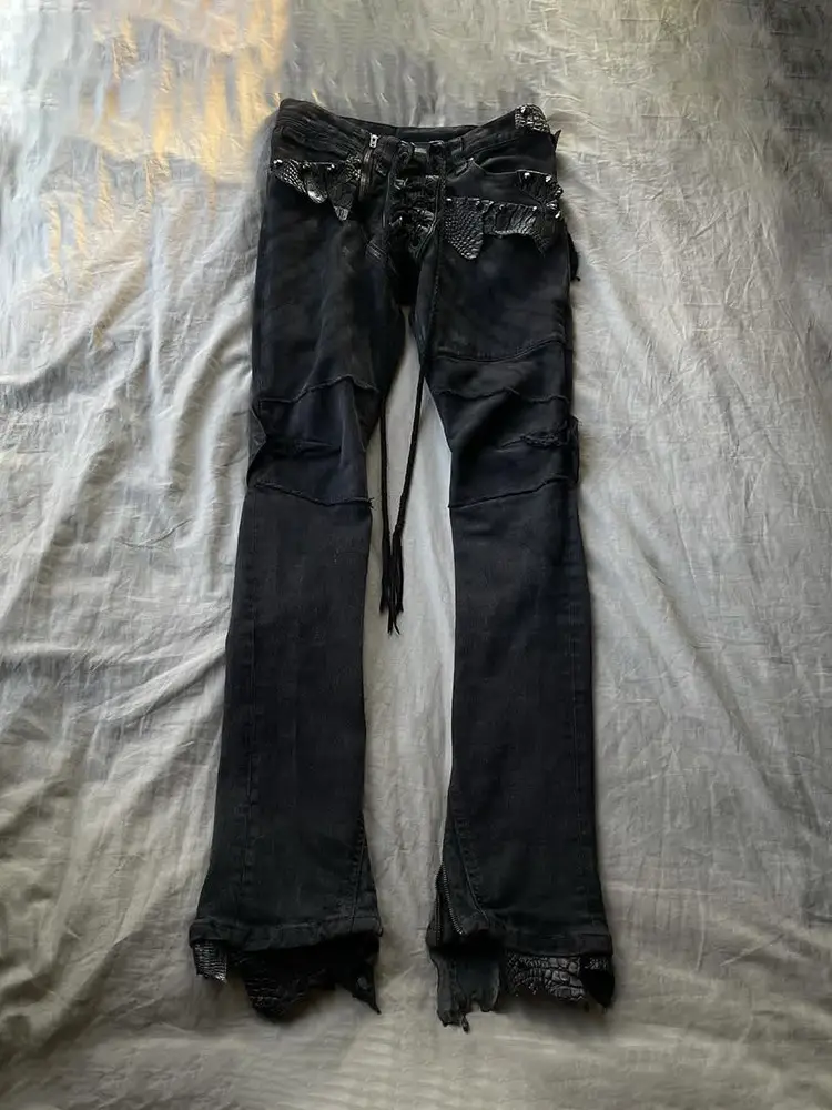 Ifsixwasnine 00Ss Archive Access Control Belt Crocodile Pattern Patchwork Micro-Flared Jeans
