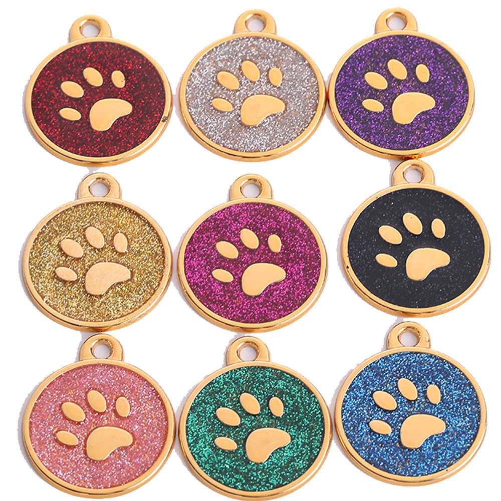 Round Glitter Paw Print Dog Tag Pet Collar Pendant Accessory, Laser Engraving Available, Small Dog Cartoon