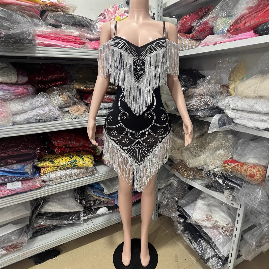 2025 European and American High-Quality Fashion Backless V Suspender Tassel Diamond Tight Mini Hip Party Party Dress