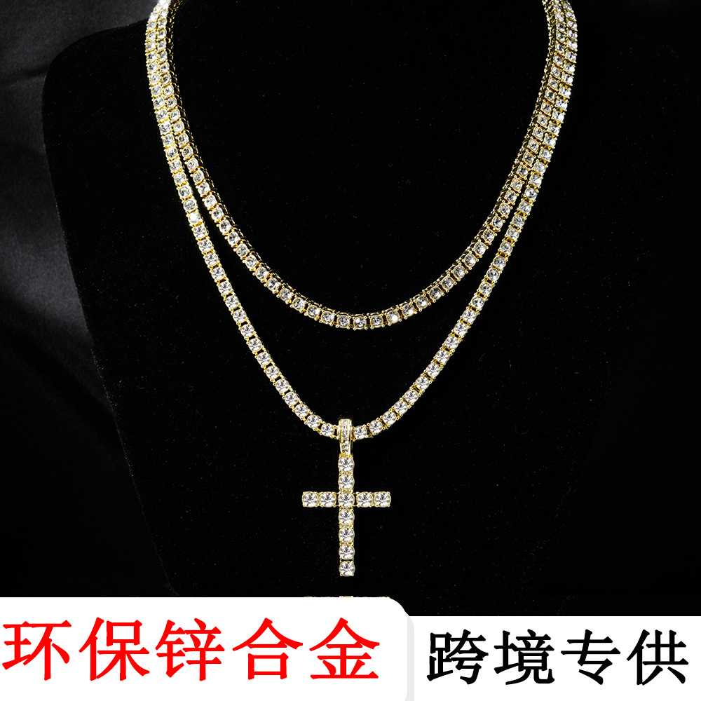 Temu Popular European and American Hip-Hop Environmentally Friendly Zinc Alloy Rhinestone Cross Pendant Necklace 4mm Single Row Diamond Tennis Chain photo QC de 1688 sur Qualit.ly