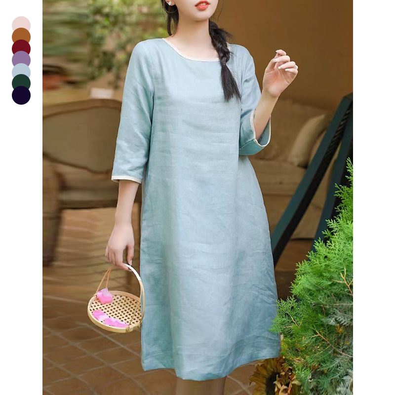 Suding Summer New Linen dress Jiangnan Vintage Commuter French Color-block Crewneck Women's Summer Linen Skirt