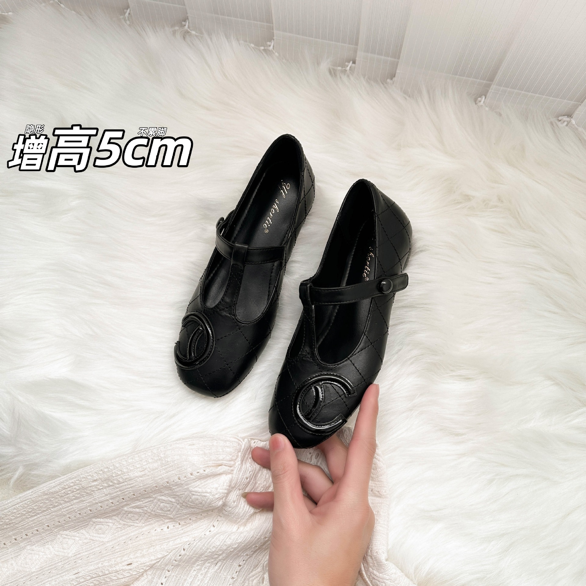 Height-Increasing 5cm T-Shaped Buckle Flat Mary Jane Shoes for Women, 2026 New Model, Elegant Quilted Square-Toed Leather Shoes