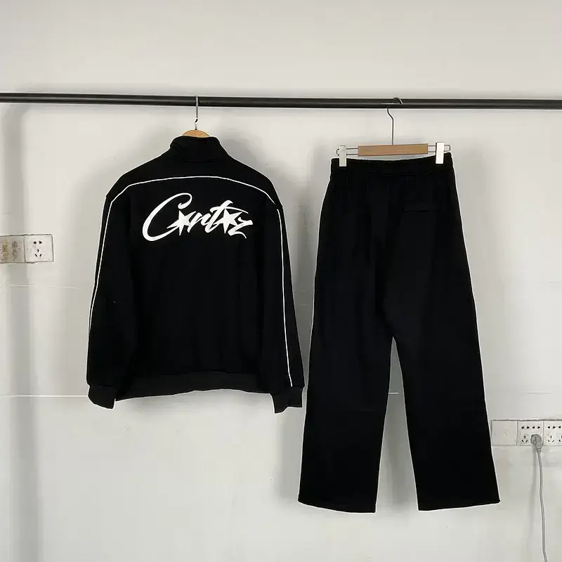 American Retro Corteiz Alcatraz Island Embroidered Collar fleece-lined Zipper Jacket High Street Casual Pants for Men and Women