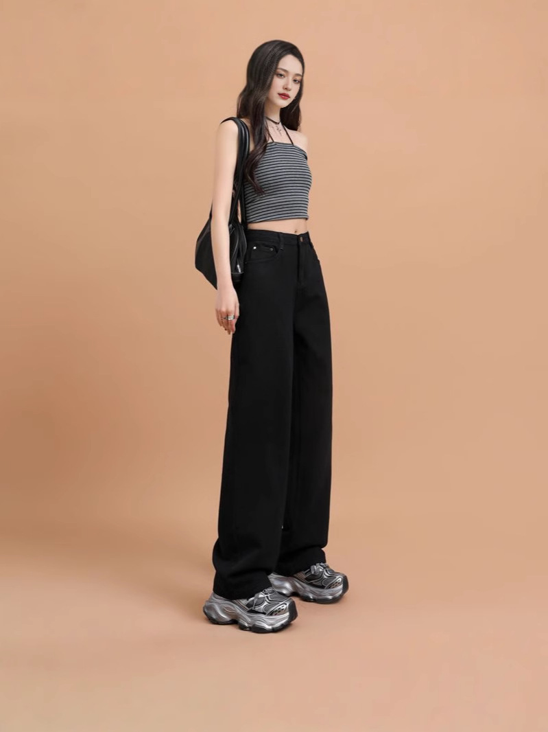 Black Straight Leg Jeans Women's Spring and Summer 2025 New High Waist Loose Slimming Pants for Small Men Wide Leg Pants