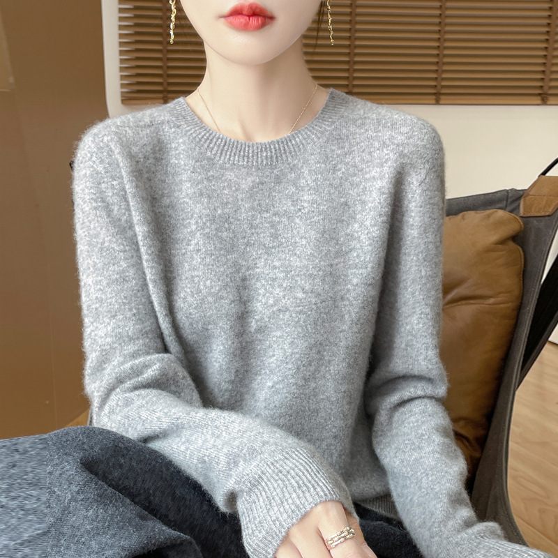 Soft Waxy Simple Wool Sweater Women's 100 Pure Wool Loose Inner Long Sleeve New Round Neck Knitted Base Shirt for Autumn and Winter