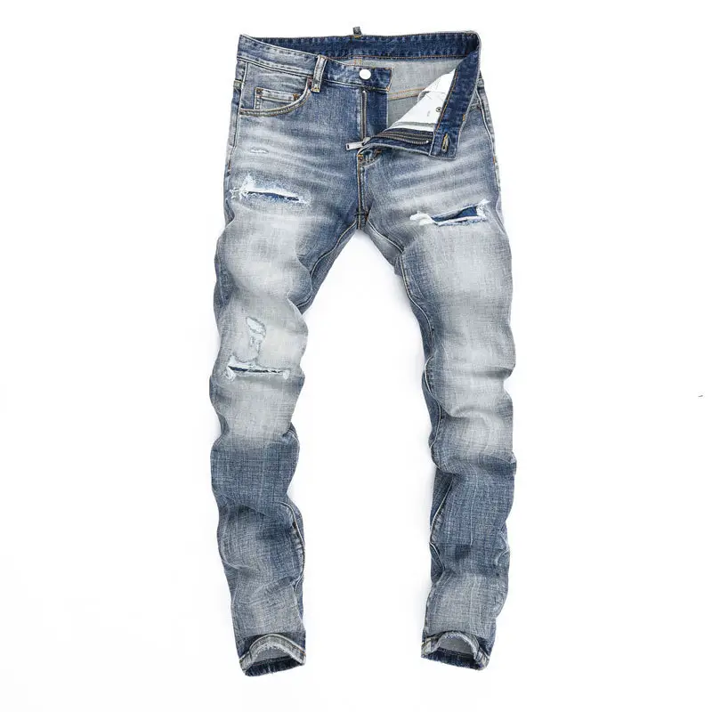 Street tide fashion hole jeans men tide do old light blue wash frayed patches micro-stretch Slim small foot jeans