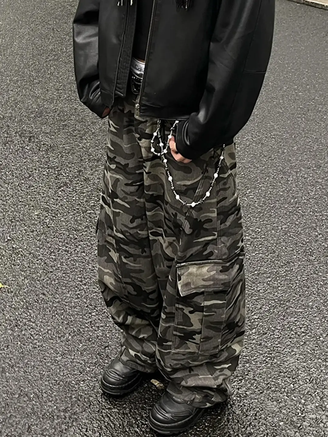 American Vintage Camouflage Cargo Pants Men's Loose Wide-Leg Jeans