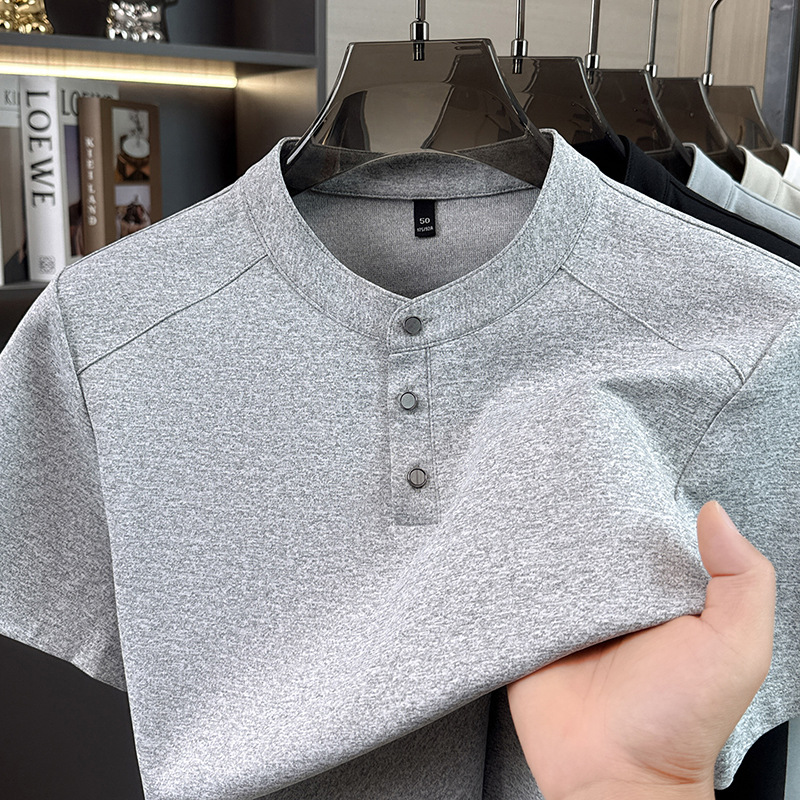 Ice Silk Short-Sleeved Men's T-Shirt with Henry Collar, Summer New Style, Thin, Breathable, Solid Color, Light Luxury, High-End, Cool-Feeling Men's T-Shirt