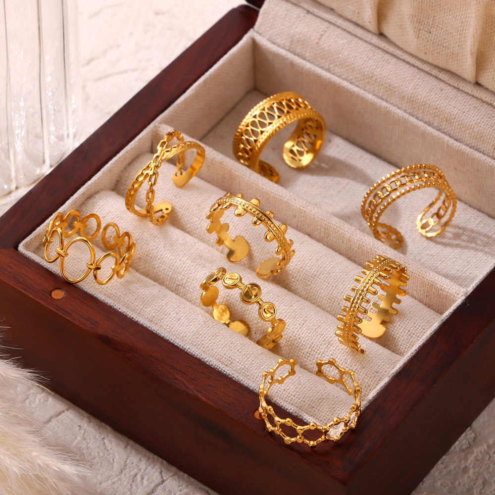 Minimal Style Niche Personality Hollow Multi-Layer Stacked Wear Style Jewelry Line Stitching Design Titanium Steel Gold Plated Opening Ring