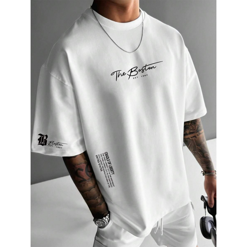 Men's Casual Slogan Print Loose Round Neck Short Sleeve T-Shirt