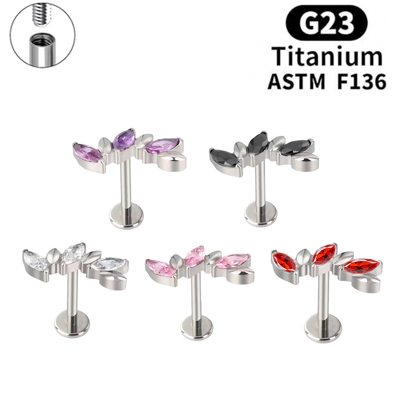 G23 Titanium Trbottomyy Three Marquise Zircon Lip Studs Wholesale Cross-Border Accessible Luxury Flats Bottom Ear Cartilage Piercing Earrings Jewelry
