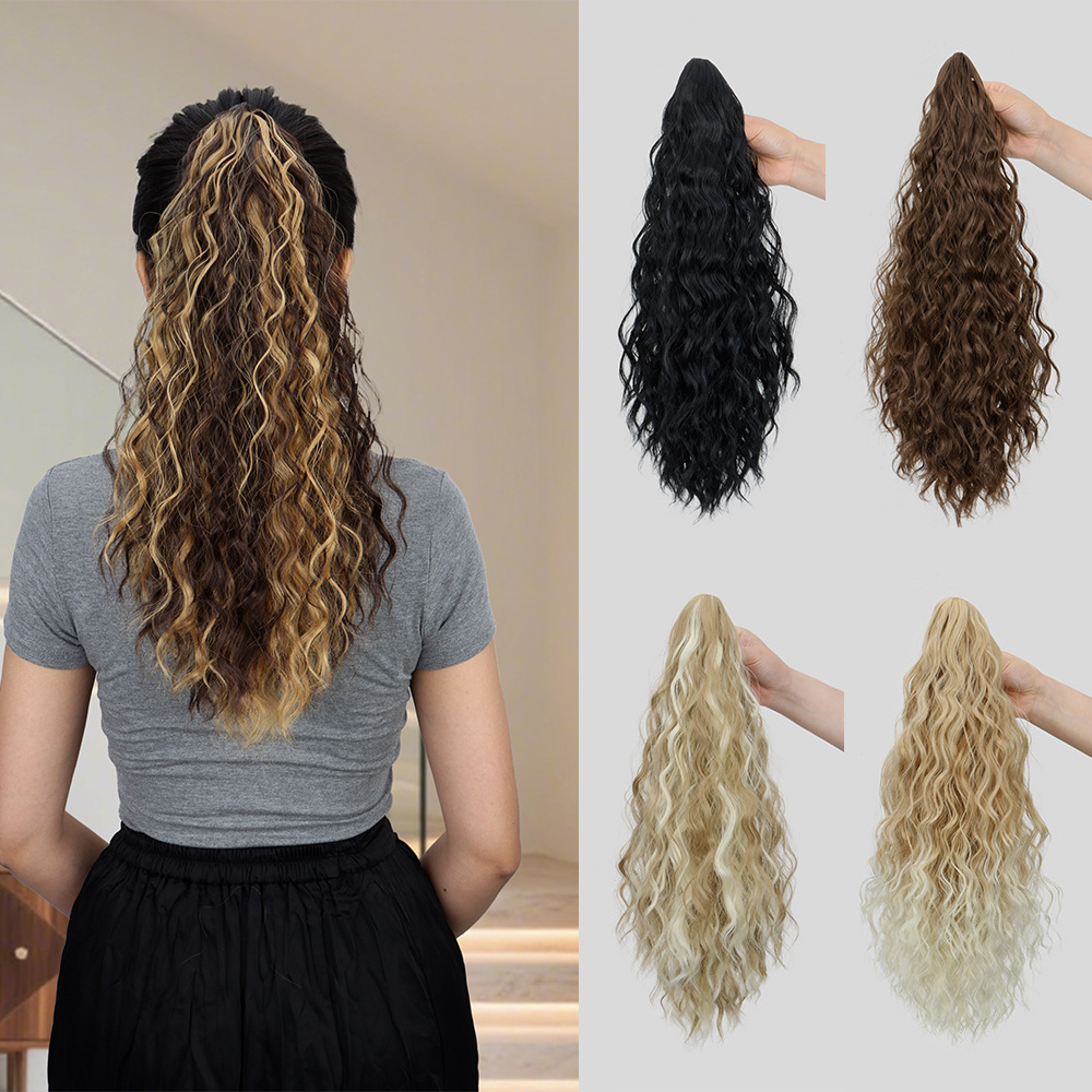 Foreign Trade Ponytail Clip-In Wig for Women, Fluffy Water Wave Synthetic Corn Perm Clip-In Ponytail in Stock