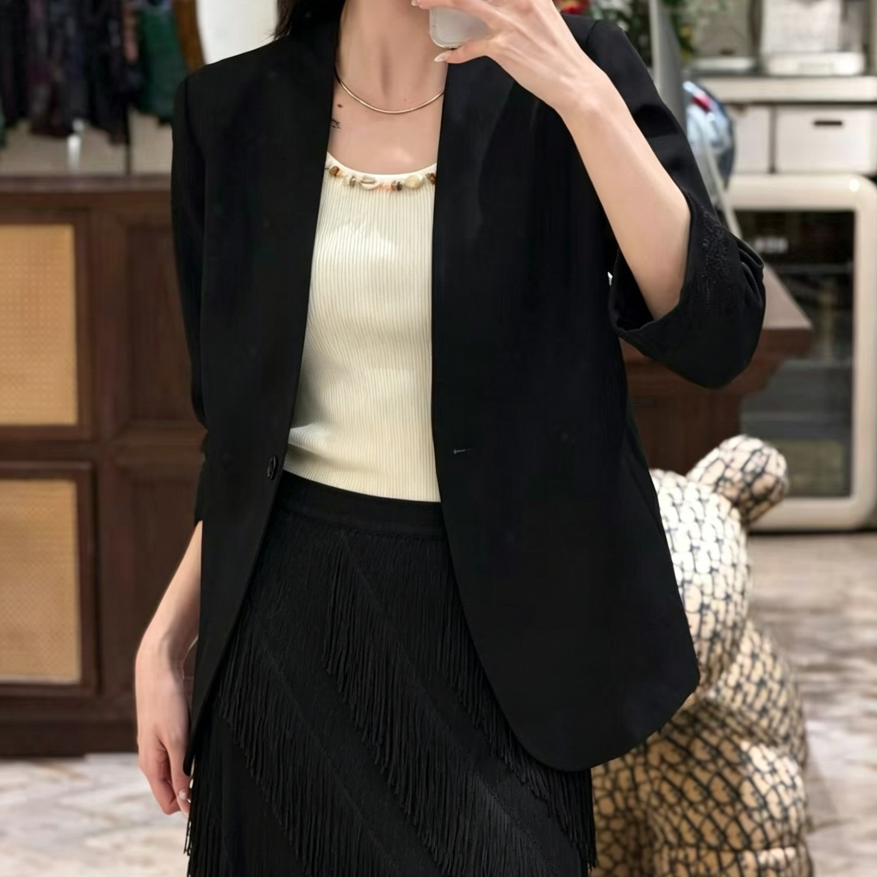 Nanyou 2026 New Acetate Three-Quarter Sleeve Blazer for Women, High-End Elegant Socialite Versatile Small Suit Jacket