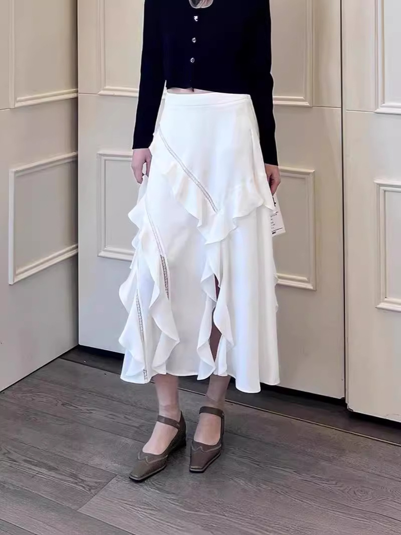 [Clearout No Returns or Exchanges] Buyer Store Lace Asymmetrical Bias Cut Ruffled Slit Skirt Irregular Long