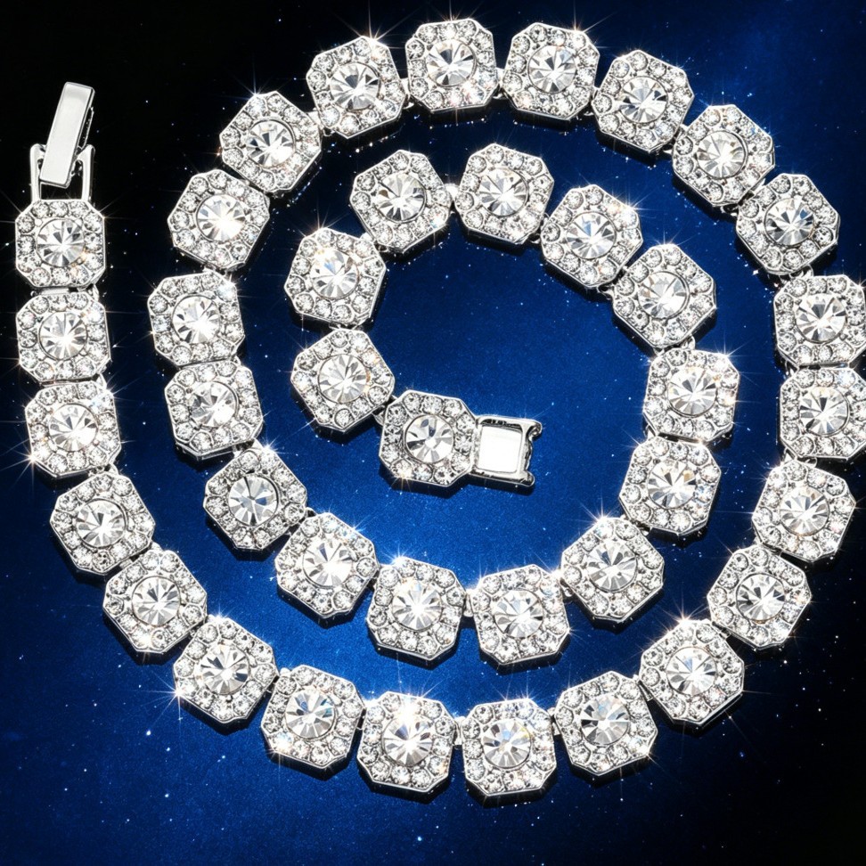 Alloy Necklace with Ice Sugar Square Sapphire, Cuban Light Luxury Style, Personalized for Men and Women, Sugar Cube Clavicle Light Luxury Style