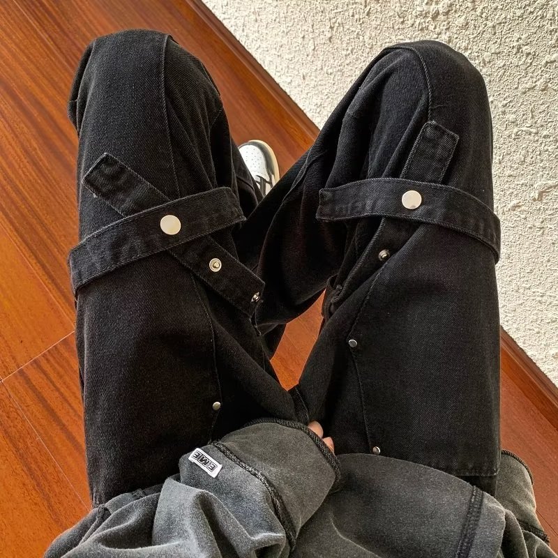 European and American High Street Vibe Pants Men's Design Sense American Men's Black Strap Jeans Straight Slim-fit Slabs