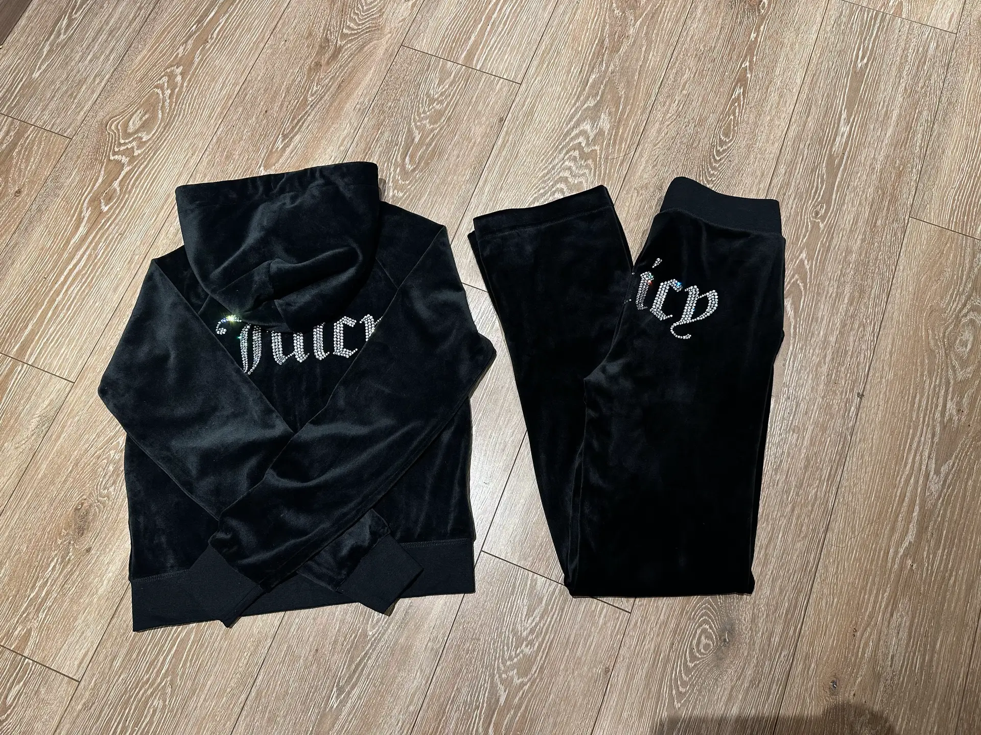 American retro Million Years Classic Black Velvet Back Flash Diamond silm Zipper Sweatshirt Link Pants