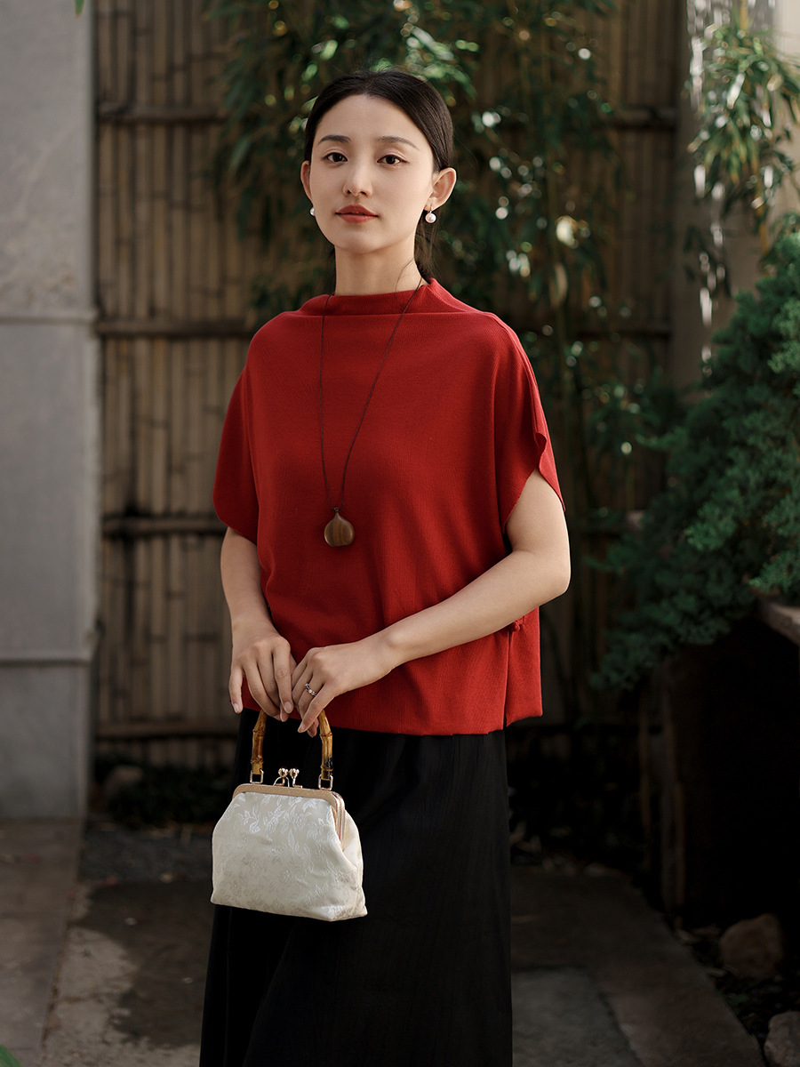 Women's 2025 Summer New Short-sleeved T-shirt Women's Half-high Collar Buckle Retro Tencel Wool Bat Sleeve Top