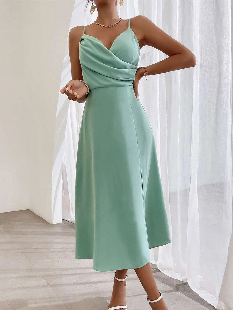 Amazon European and American New Women's Dress French Wrap Ruched V-neck Slit Suspender Fashion Slimming Cross-border