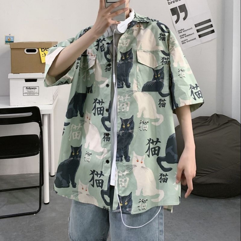 Summer Japanese Style Short-sleeved Shirt Men's Half-sleeved Shirt Hong Kong Style Trendy Cat Print Student Loose Casual Shirt Trendy