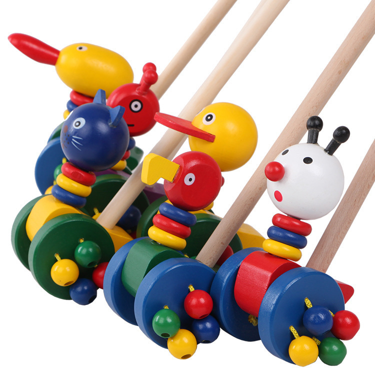 Wooden Children's Small Large Educational Toy Putter Cartoon Animal Cart Baby Cart Toy Wholesale
