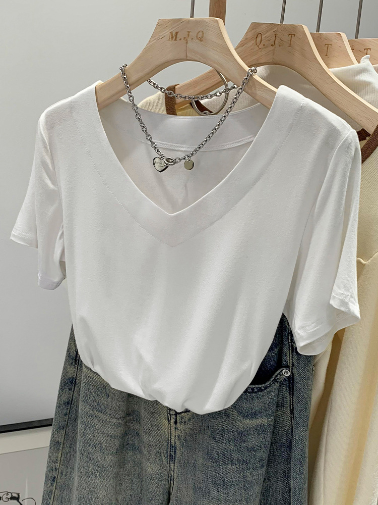 Simple V-neck slim fit tight waist short-sleeved T-shirt for women 2024 spring and summer New ins shoulder black casual slimming top