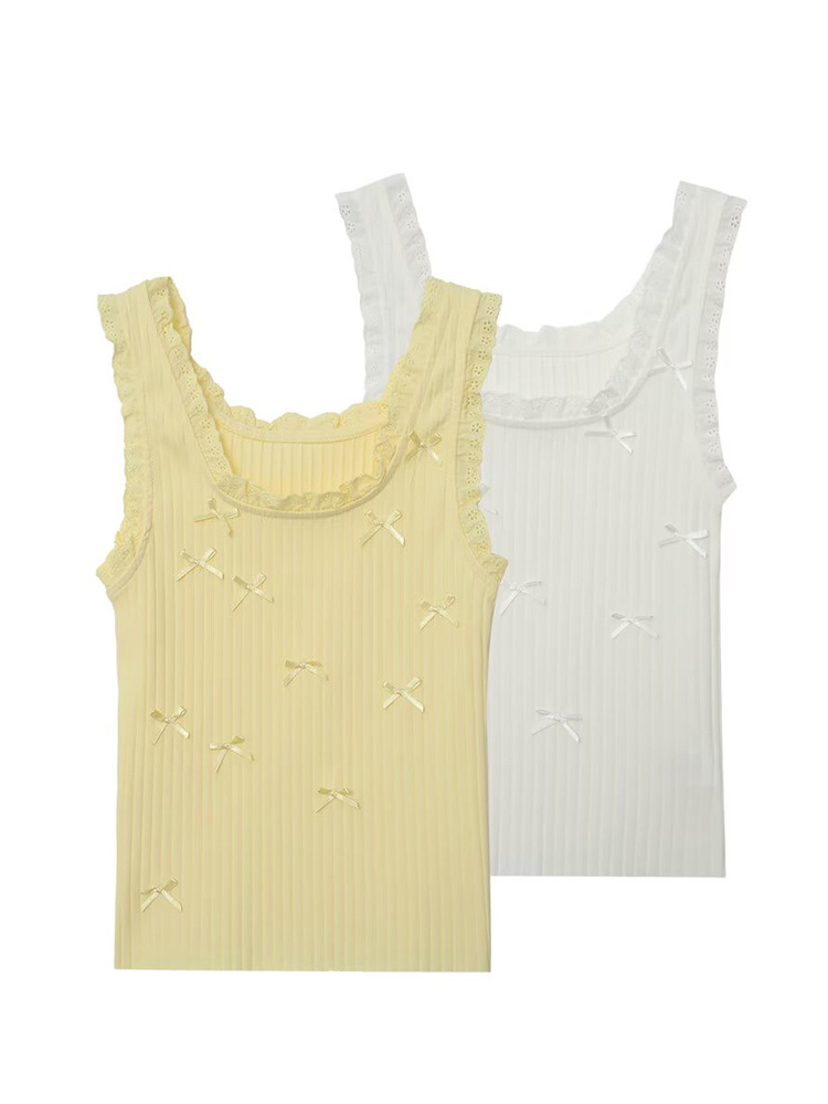 25 New Summer Women's Clothing, Fashionable, Sweet and Fashionable Bow-Knot Lace Ribbed Camisole T-Shirt