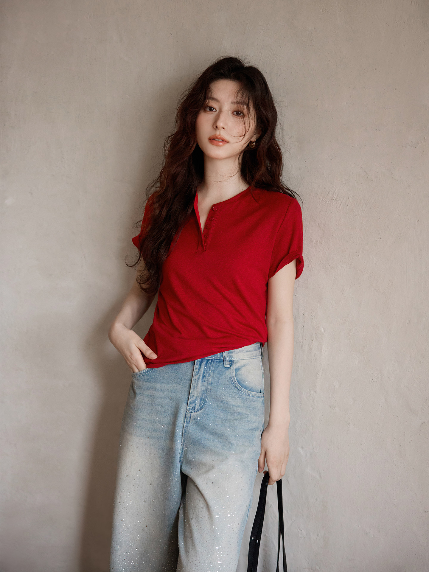 Ximeng 2026 New Spring and Summer Korean-Style Elegant Top with Unique Design and Trendy Henry Collar Red Short-Sleeve T-Shirt
