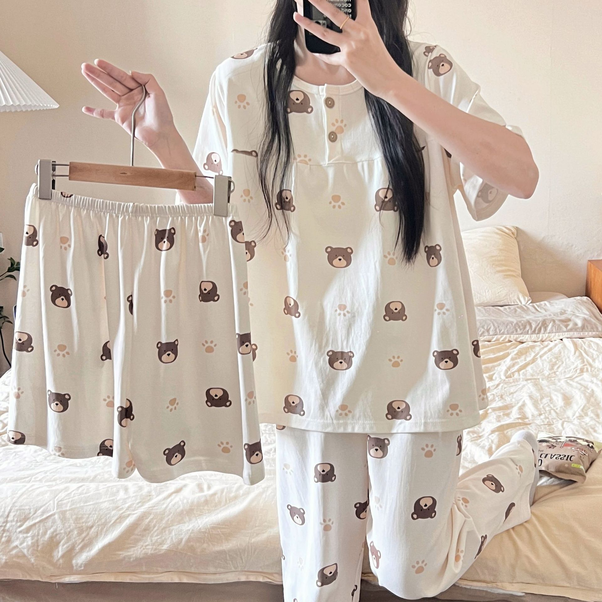 Imitation cotton three-piece pajamas women's spring and summer 2024 new bear pullover button short sleeve home clothing export