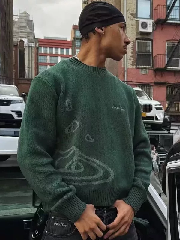 Broken Planet Jacquard Embroidered Logo Knitwear American Street Style Unisex Couple Crew Neck Sweater