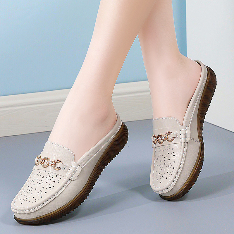 Summer New Genuine Leather Slippers Women's Outer Wear Lazy Sandals Women's Soft Bottom Non-Slip Women's Hollow Casual Half Slippers