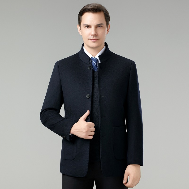 Men's Woolen Coat, Middle-Aged Stand-Collar Zhongshan Style Casual High-End Woolen Jacket, Fashionable Dad's Cashmere Parka