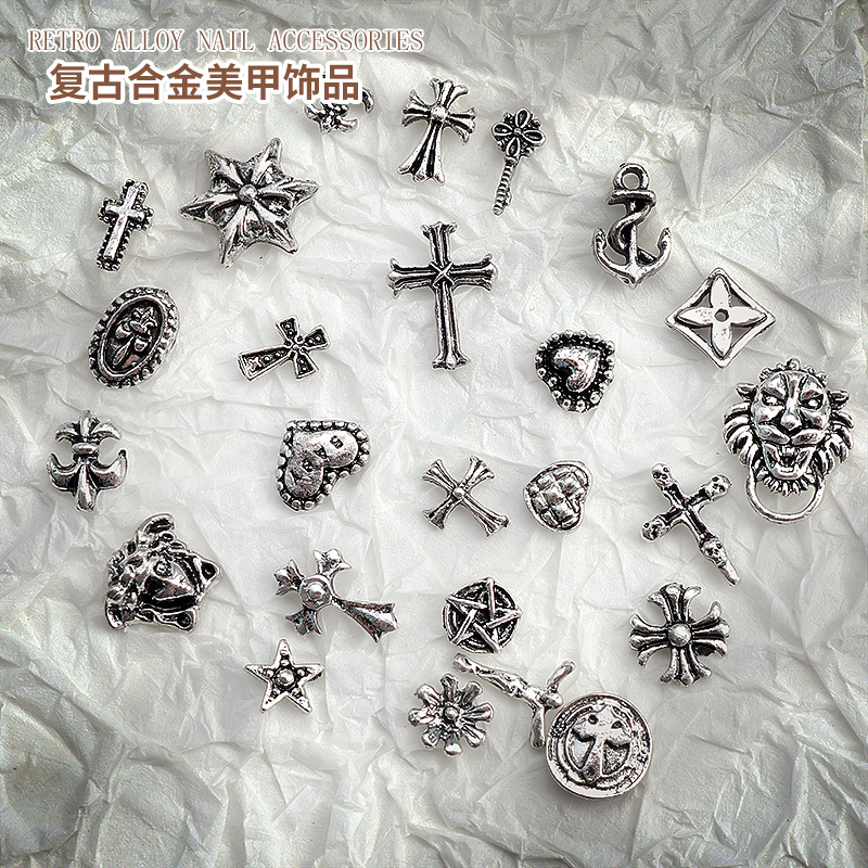 Factory Direct Sales Retro Punk Style Alloy Nail Art Diamond Accessories Wholesale Cross Lion Head Nail Decoration