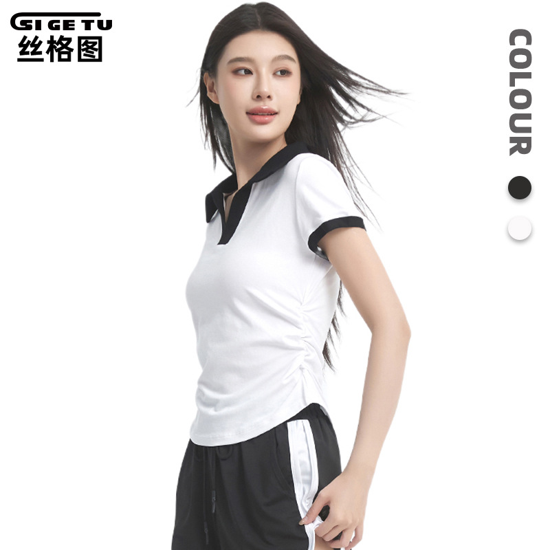 Silk Grid Cross-Border Lapel Sports Quick-Drying T-Shirt for Women, Summer High-End Yoga Wear, Training Running Fitness Top